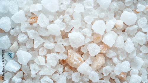 Crystal sea salt presented as a background featuring white marine rock salt viewed from the top