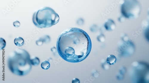 Floating blue bubbles on a grey backdrop creating an abstract design of spheres and particles Ideal for showcasing cosmetic products with a focus on beauty and health vitamins 3D rendering