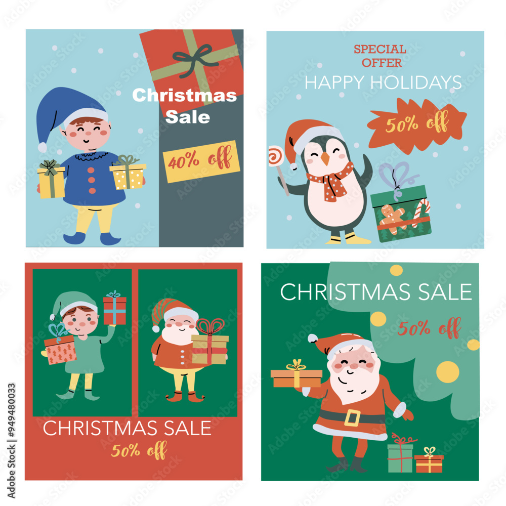 Fototapeta premium Christmas sale square banners set with cartoon fairy characters. Flat illustrations for advertising, social media post. Cute xmas characters with gifts - ad design for childrens winter holidays goods.