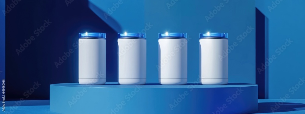 Four minimalist white sports tumblers on a blue background positioned on a podium Featuring vacuum insulation and a comfortable round handle 3D rendering to highlight the product Four minimalist white sports tumblers on a blue background positioned on a podium Featuring vacuum insulation and a comfortable round handle 3D rendering to highlight the product