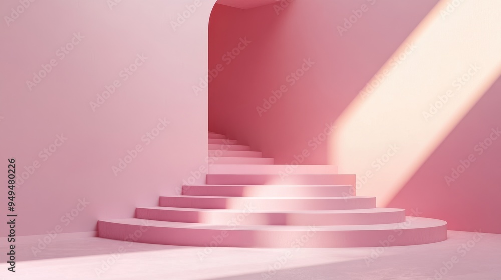 Pink vacant podium in a minimalist pink space realistic 3D rendered illustration Abstract textured stage design featuring a staircase geometric forms and a perspective arrangement Pink vacant podium in a minimalist pink space realistic 3D rendered illustration Abstract textured stage design featuring a staircase geometric forms and a perspective arrangement