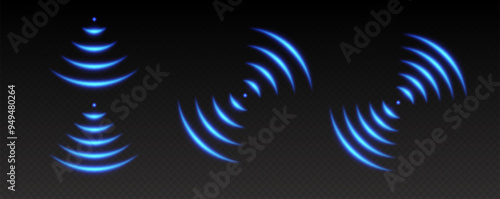 Obraz na płótnie WiFi light effect, sound wave icons, radar signal concept. Blue wireless network glowing elements, neon echo or scan effect. Vector illustration. w salonie