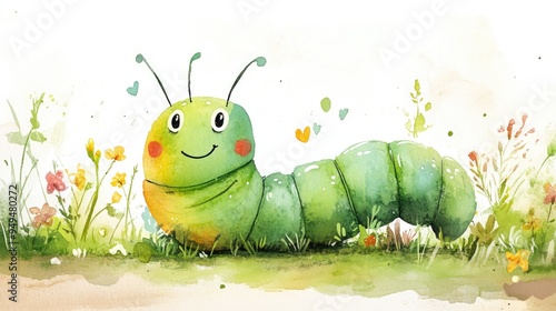 Charming cartoon caterpillar character in watercolor featuring a cheerful green worm as a delightful garden insect perfect for children s book illustrations with a kawaii style photo