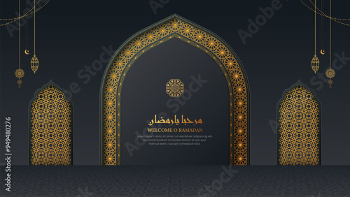 Marhaba Ya Ramadan black and golden luxury backdrop background with Islamic ornaments and patterns