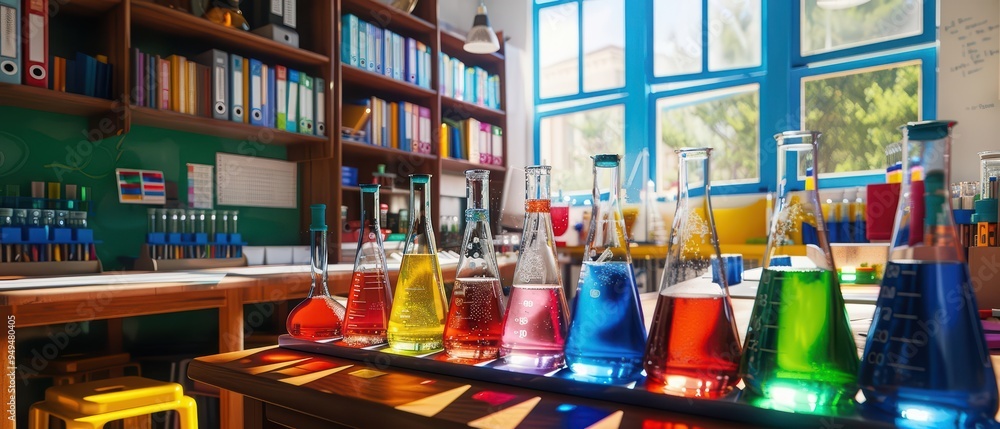 custom made wallpaper toronto digitalA vibrant classroom lab features rows of chemical bottles with colorful liquids, surrounded by school supplies for handson learning experiences