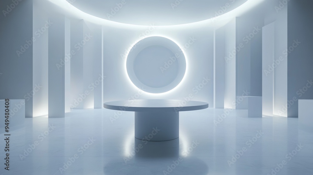 White showroom featuring circular lighting and a table Minimalist interior backdrop Frontal perspective 3D render illustration White showroom featuring circular lighting and a table Minimalist interior backdrop Frontal perspective 3D render illustration