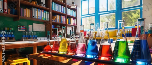 Wallpaper Mural A vibrant classroom lab features rows of chemical bottles with colorful liquids, surrounded by school supplies for handson learning experiences Torontodigital.ca