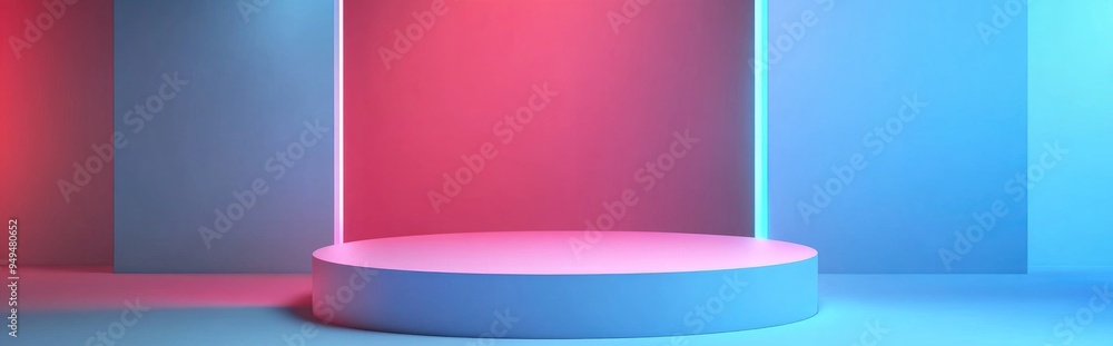 Fototapeta premium Podium featuring empty geometric shapes in a pastel sky blue composition designed for modern stage presentations and minimalist mockups serving as an abstract showcase background 3D illustration o
