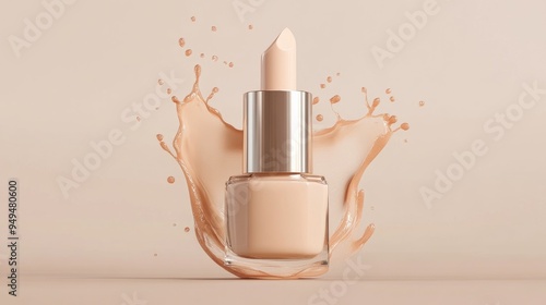 Cosmetic foundation bottle with a splash of liquid makeup cream 3D rendering photo