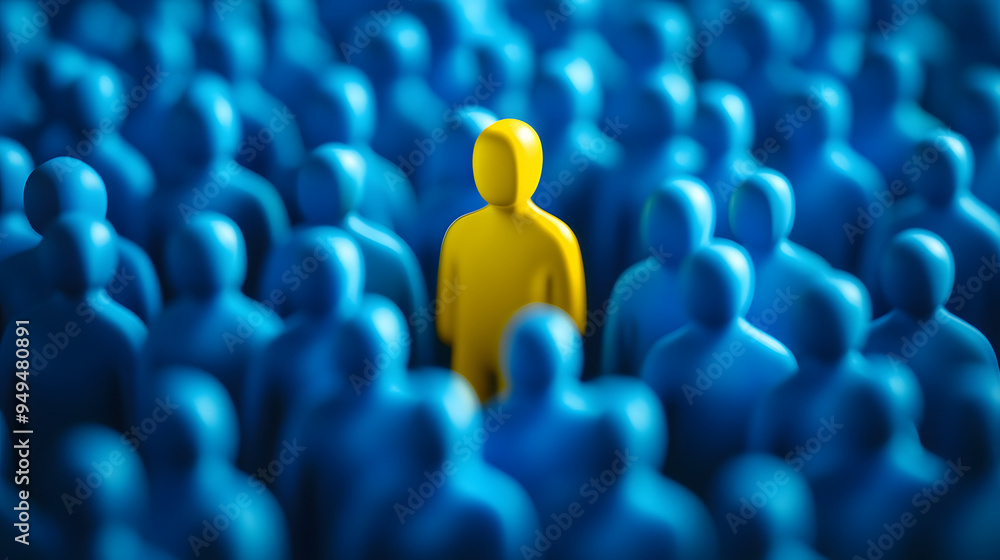 Obraz premium A single yellow figure stands out among a crowd of blue figures.