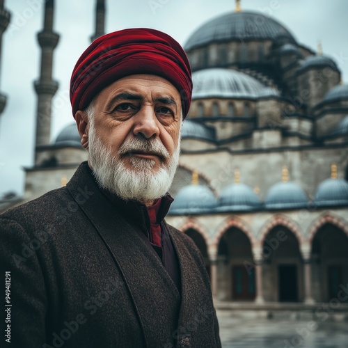 Emam with mosque on background