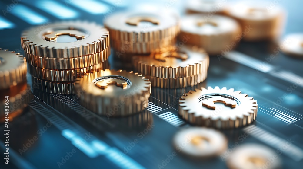 Golden Gears Interlocking on a Blue Digital Background Golden Gears Interlocking on a Blue Digital Background