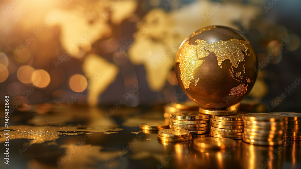 Golden globe on stacked coins with a world map background symbolizing global finance Golden globe on stacked coins with a world map background symbolizing global finance