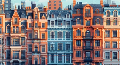 Beautifully designed European townhouses with vibrant facades and intricate architectural details in a charming urban neighborhood. The color scheme uses warm orange and blue tones