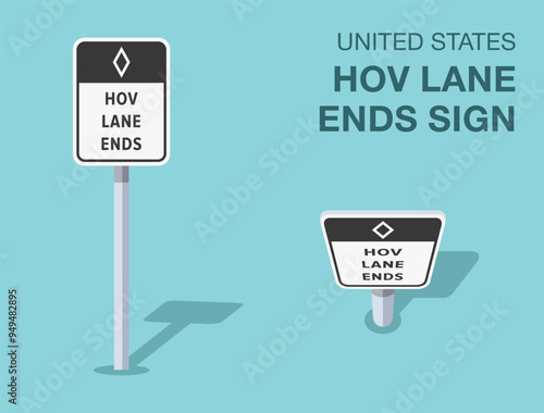 Traffic regulation rules. Isolated United States "hov lane ends" road sign. Front and top view. Flat vector illustration template.