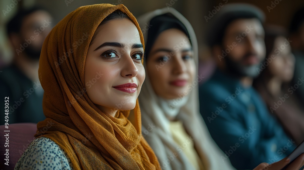 A Muslim couple sitting in an audience at an Islamic lecture or seminar A Muslim couple sitting in an audience at an Islamic lecture or seminar