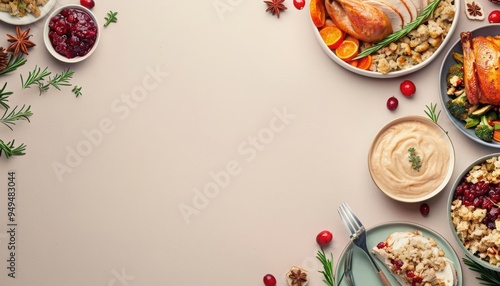 Creative flat lay template of a traditional Western holiday meal with roast turkey, stuffing, and cranberry sauce, with solid background and copy space on center