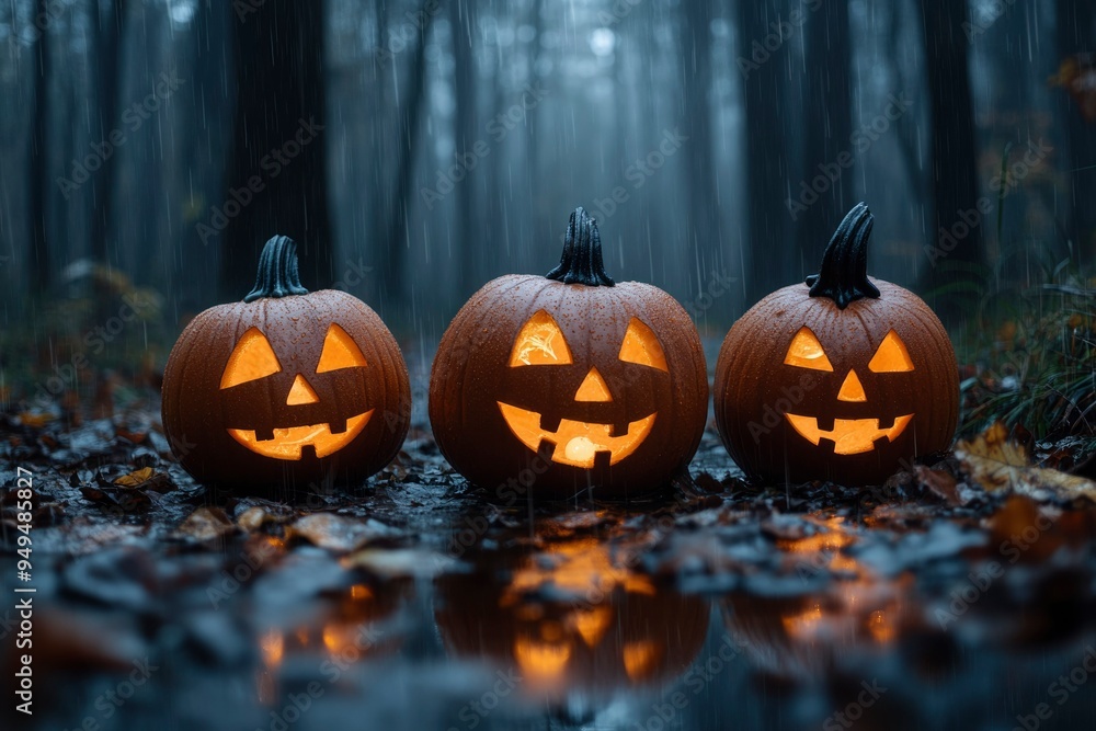 Three Lit Jack-o'-Lanterns in a Rainy Forest Three Lit Jack-o'-Lanterns in a Rainy Forest