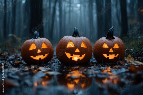 Three Lit Jack-o'-Lanterns in a Rainy Forest