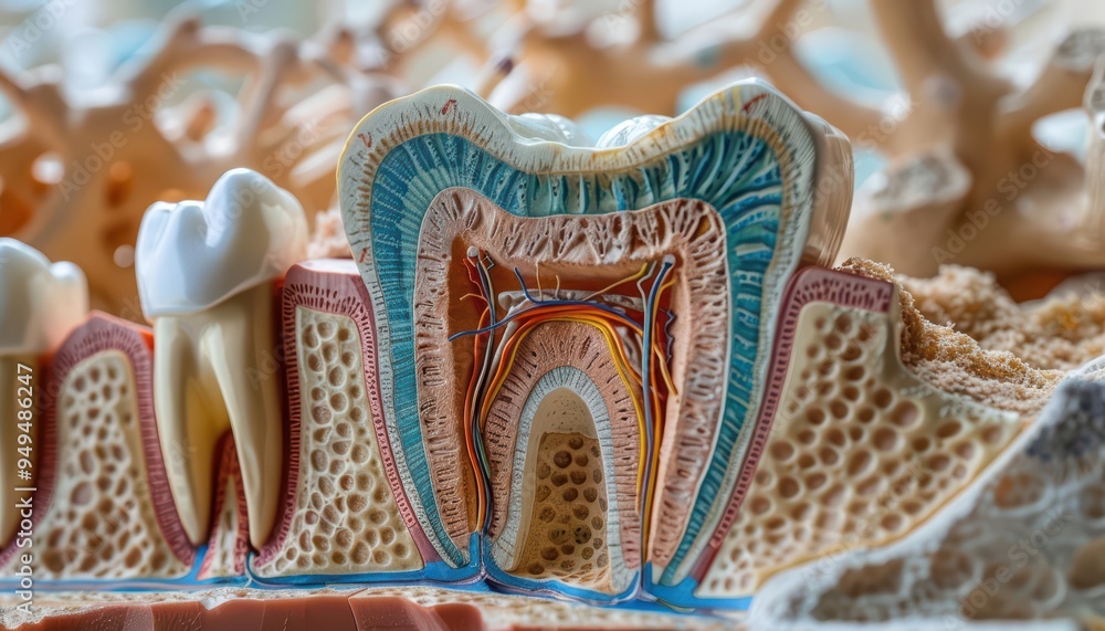 In a healthcare educational setting, a cross section reveals the complex layers of tooth anatomy, emphasizing the importance of dental care In a healthcare educational setting, a cross section reveals the complex layers of tooth anatomy, emphasizing the importance of dental care