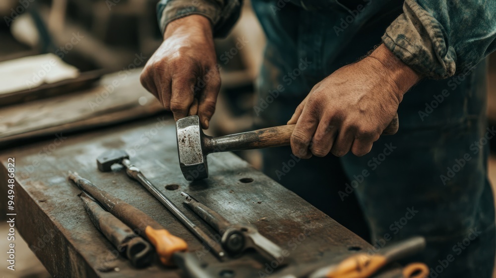High view handyman hammering a piece of metal High view handyman hammering a piece of metal