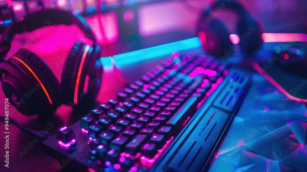 Neon glowing keyboard and headphones. AI generated images Neon glowing keyboard and headphones. AI generated images