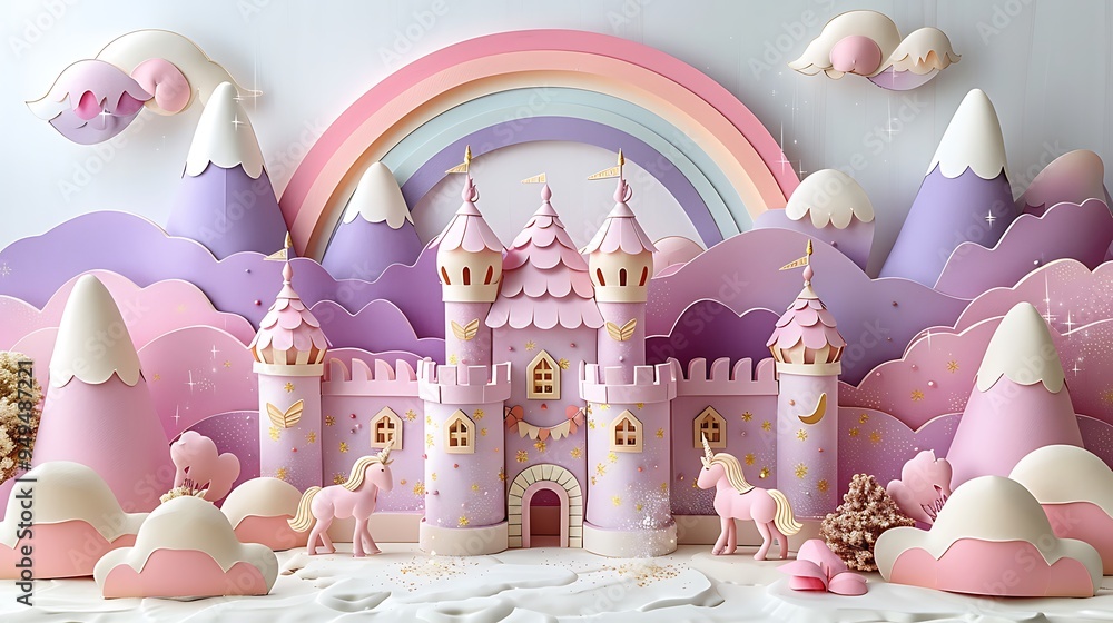 A charming pastel purple and white papercraft castle with unicorn statues, sparkling with fairy dust, nestled under a glowing pastel rainbow, creating a magical and serene atmosphere. --ar 16:9 --v 6. A charming pastel purple and white papercraft castle with unicorn statues, sparkling with fairy dust, nestled under a glowing pastel rainbow, creating a magical and serene atmosphere. --ar 16:9 --v 6.