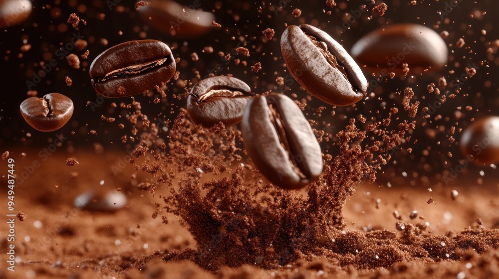 Roasted coffee beans suspended mid-air with bursts of coffee grounds or powder, creating a dynamic and aromatic visual representation of freshly ground coffee. Roasted coffee beans suspended mid-air with bursts of coffee grounds or powder, creating a dynamic and aromatic visual representation of freshly ground coffee.