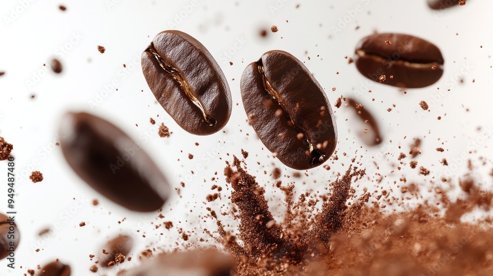 Coffee beans suspended in mid-air with a burst of ground coffee particles around them, depicting a dynamic and aromatic coffee grinding moment. Coffee beans suspended in mid-air with a burst of ground coffee particles around them, depicting a dynamic and aromatic coffee grinding moment.