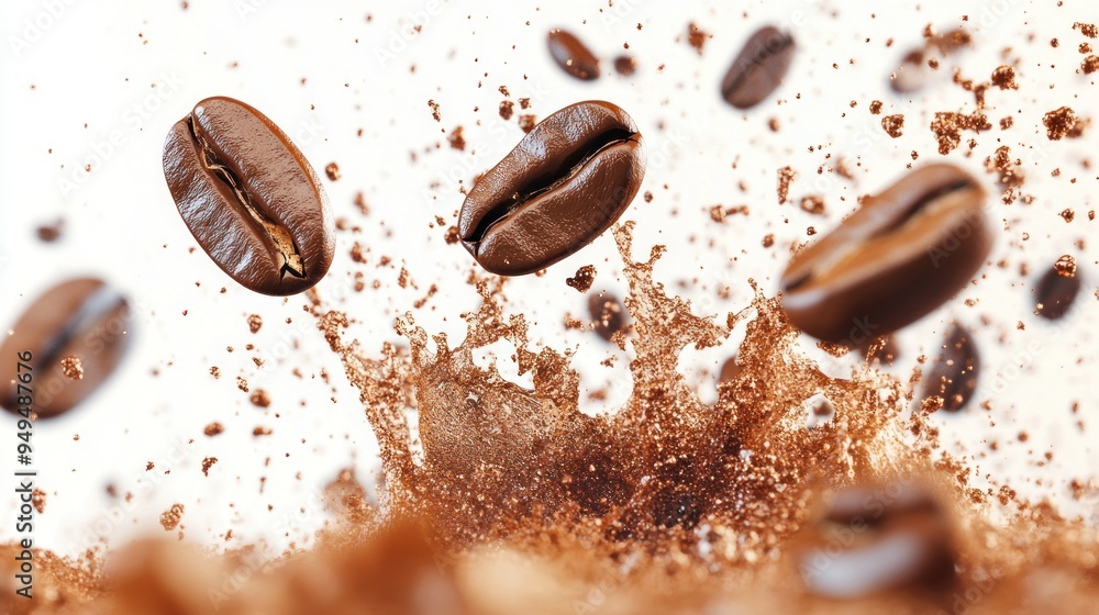 Close-up of roasted coffee beans mid-air with a splash of ground coffee particles, depicting the dynamic energy and aroma of freshly ground coffee. Close-up of roasted coffee beans mid-air with a splash of ground coffee particles, depicting the dynamic energy and aroma of freshly ground coffee.