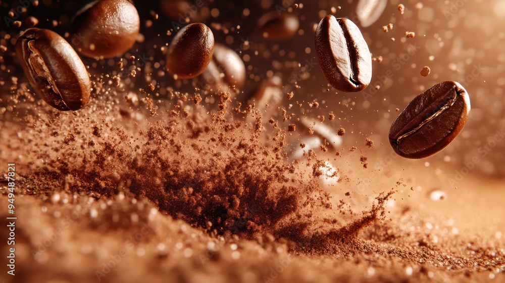 Coffee beans captured in mid-air with particles around them, suggesting they have just been roasted, ground, or crushed, creating a dynamic and aromatic scene. Coffee beans captured in mid-air with particles around them, suggesting they have just been roasted, ground, or crushed, creating a dynamic and aromatic scene.