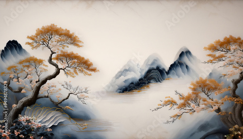 Embellishing and embossing chinoiserie fine art ink gold, blue, white background