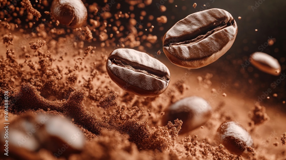 Close-up of roasted coffee beans suspended in the air with particles of ground coffee dust around them, depicting the freshness and aroma of coffee. Close-up of roasted coffee beans suspended in the air with particles of ground coffee dust around them, depicting the freshness and aroma of coffee.