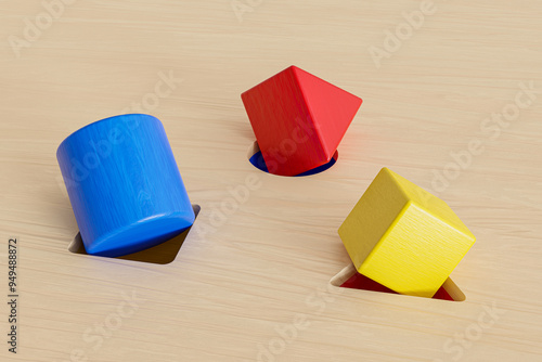Shape sorter puzzle toy with square, circle and triangle shapes inside wrong places, right man in right jobs concept , 3d render