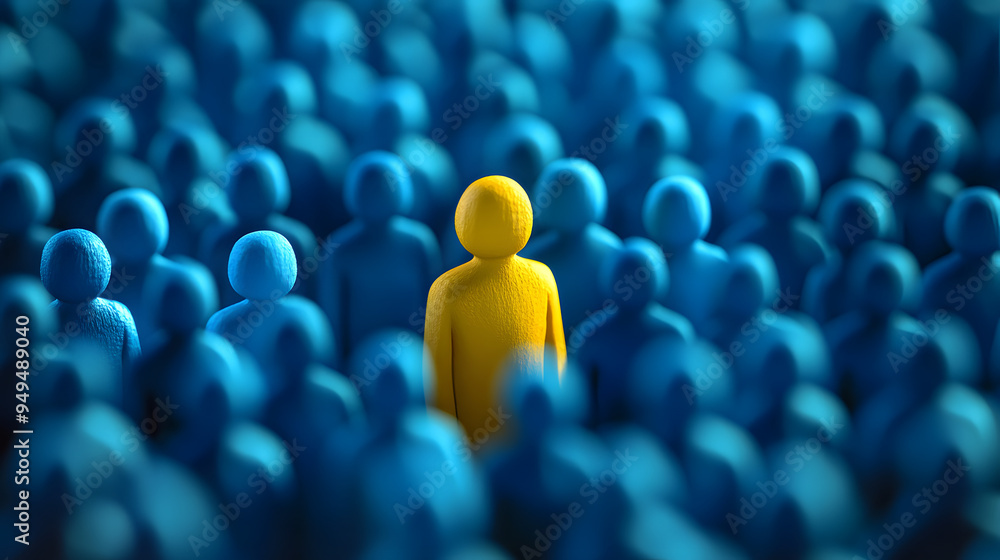 Fototapeta premium A single yellow figure stands out among a crowd of blue figures.