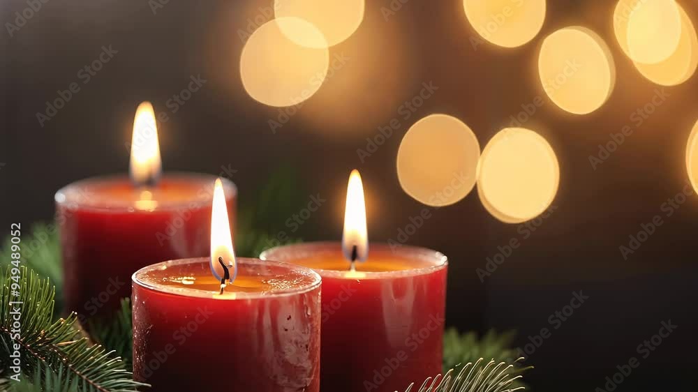 Three Lit Red Christmas Candles with Pine Sprig Three Lit Red Christmas Candles with Pine Sprig