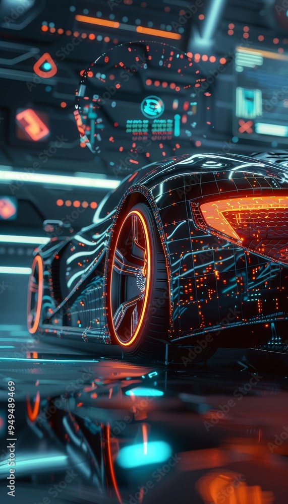 Futuristic digital car in a virtual world with holographic interfaces and dynamic lighting effects Futuristic digital car in a virtual world with holographic interfaces and dynamic lighting effects