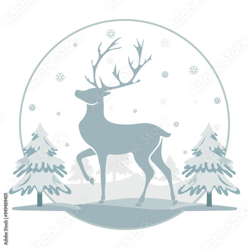 Beautiful winter landscape with a snow-covered forest and a silhouette of a deer.