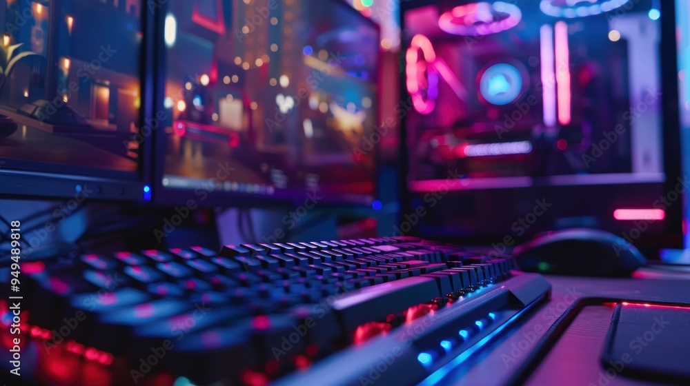 RGB gaming keyboard with blur gaming room background. AI generated images RGB gaming keyboard with blur gaming room background. AI generated images