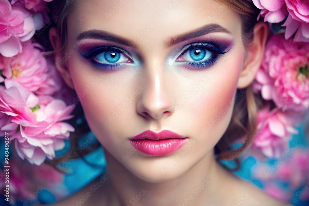 Fototapeta premium A woman with blue eyes and pink lips is wearing makeup