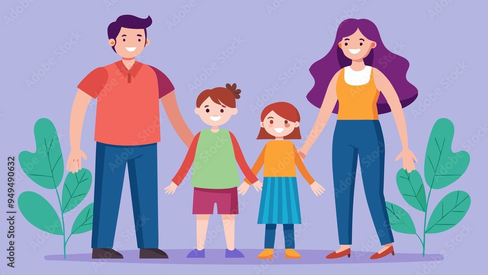 Happy Family Portrait with Cartoon Style Illustration Happy Family Portrait with Cartoon Style Illustration