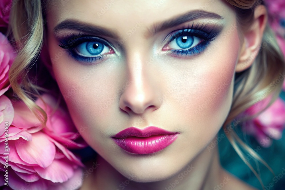 A woman with blue eyes and pink lips is wearing makeup A woman with blue eyes and pink lips is wearing makeup