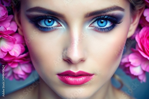 A woman with blue eyes and pink lips is wearing makeup