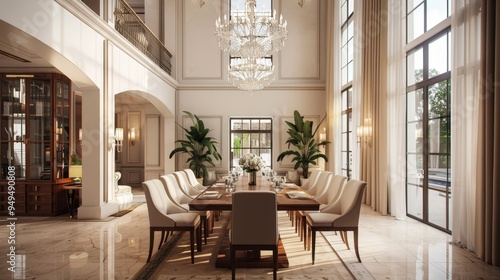 Elegant dining room featuring a central wooden table and symmetrical beige upholstered chairs