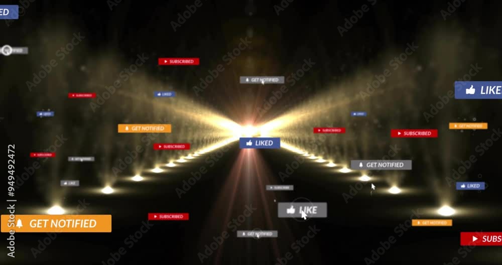 Social media engagement buttons animation over illuminated pathway with light beams Social media engagement buttons animation over illuminated pathway with light beams