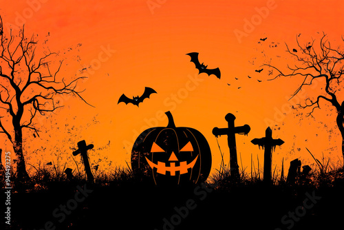 Halloween graveyard and jack-o-lantern silhouette photo