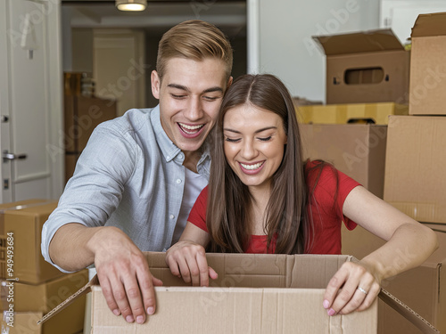 Young couple moving into a new home, having fun with cardboard boxes on moving day photo