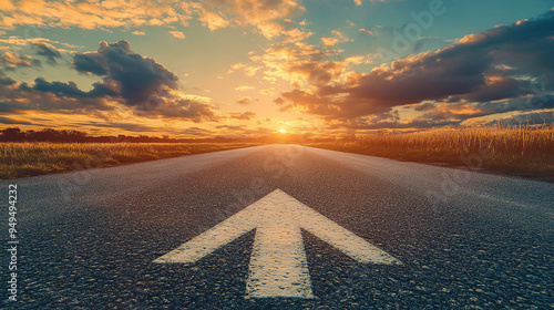 A straight highway road with a forward directed arrow on it leading towards path to success with a dramatic sunset environment