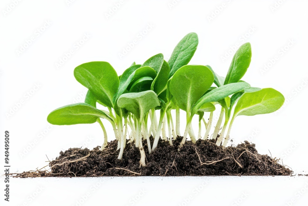 A cluster of young green seedlings emerging from rich soil. A cluster of young green seedlings emerging from rich soil.