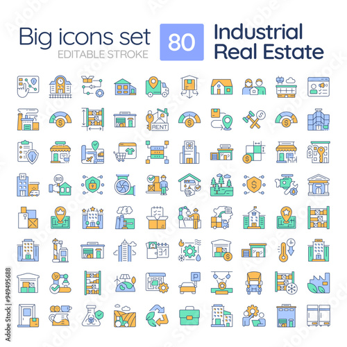 Industrial real estate RGB color icons set. Storage property. Logistics and production buildings. Isolated vector illustrations. Simple filled line drawings collection. Editable stroke